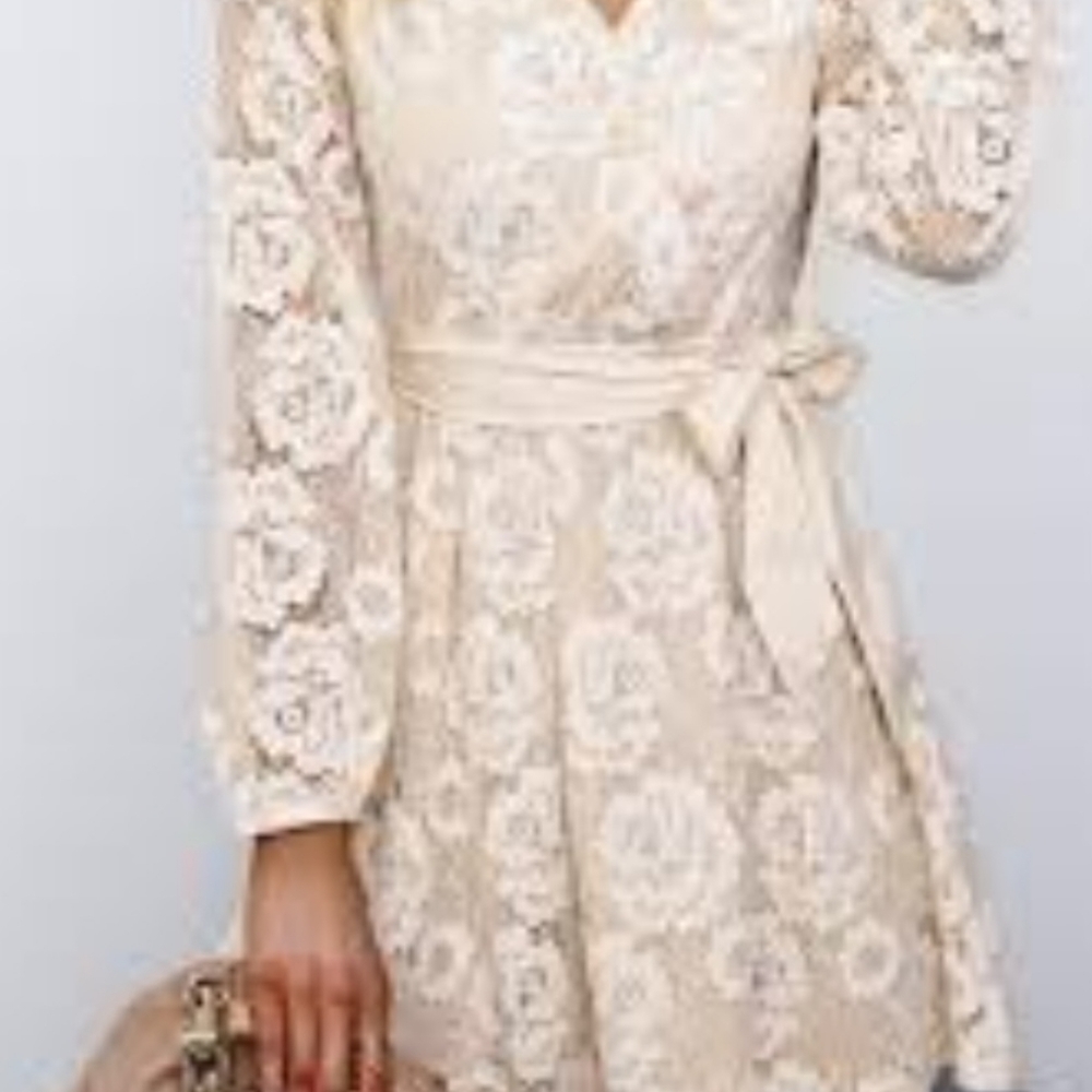 Apricot Crochet Lace Belted V-Neck Wrap Mini Dress Size Small. - Picture 5 of 5